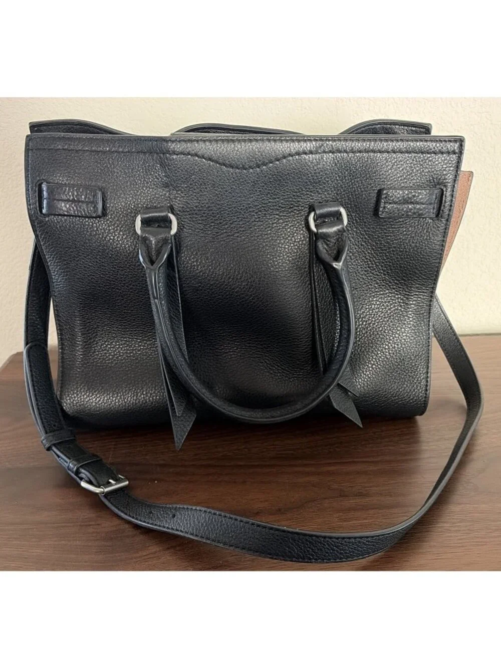 Rebecca Minkoff Regan Black Pebbled Leather Satchel Handbag Silver Hardware